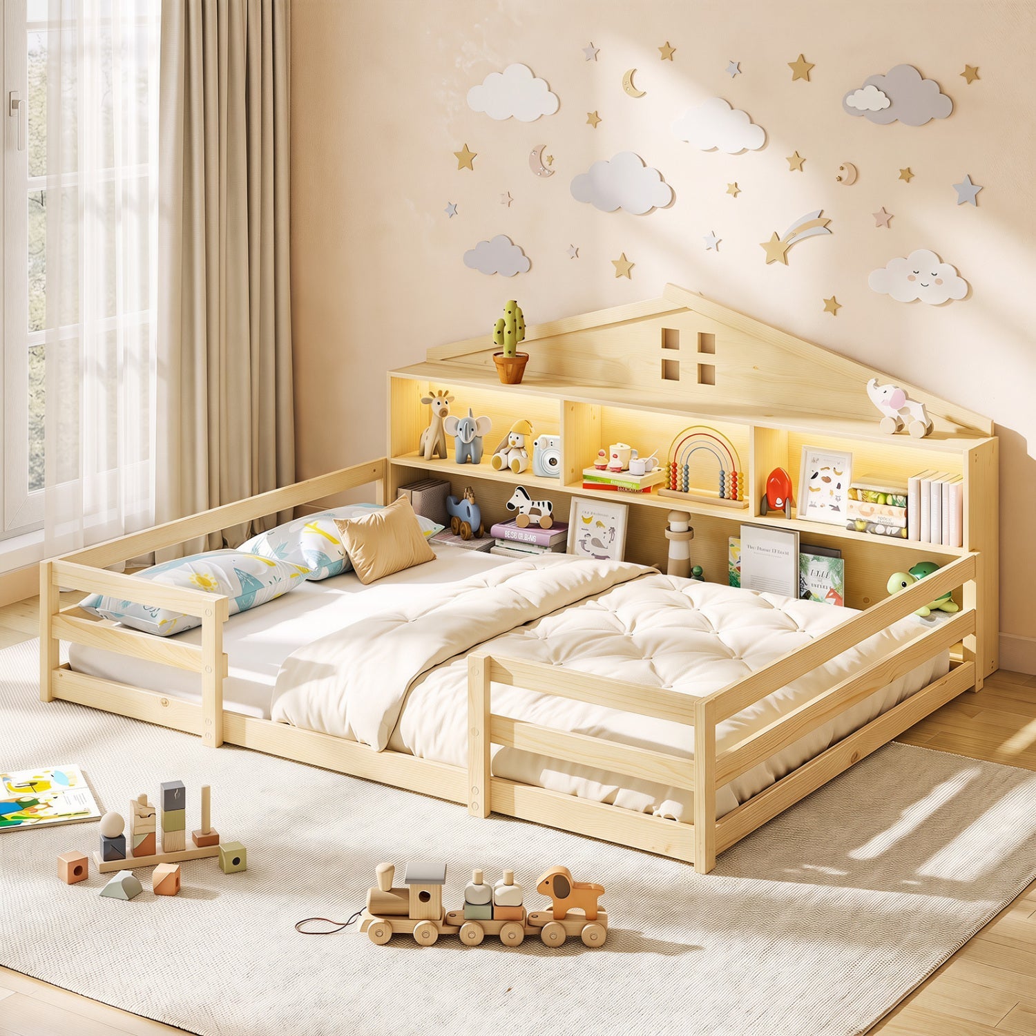 Full Size Montessori Floor Bed with Storage in light wood and LED lights by DirectDeals on Tampa Home & Garden Store