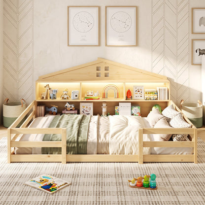 DirectDeals full size Montessori floor bed with storage and LED lights, natural wood frame on Tampa Home & Garden Store
