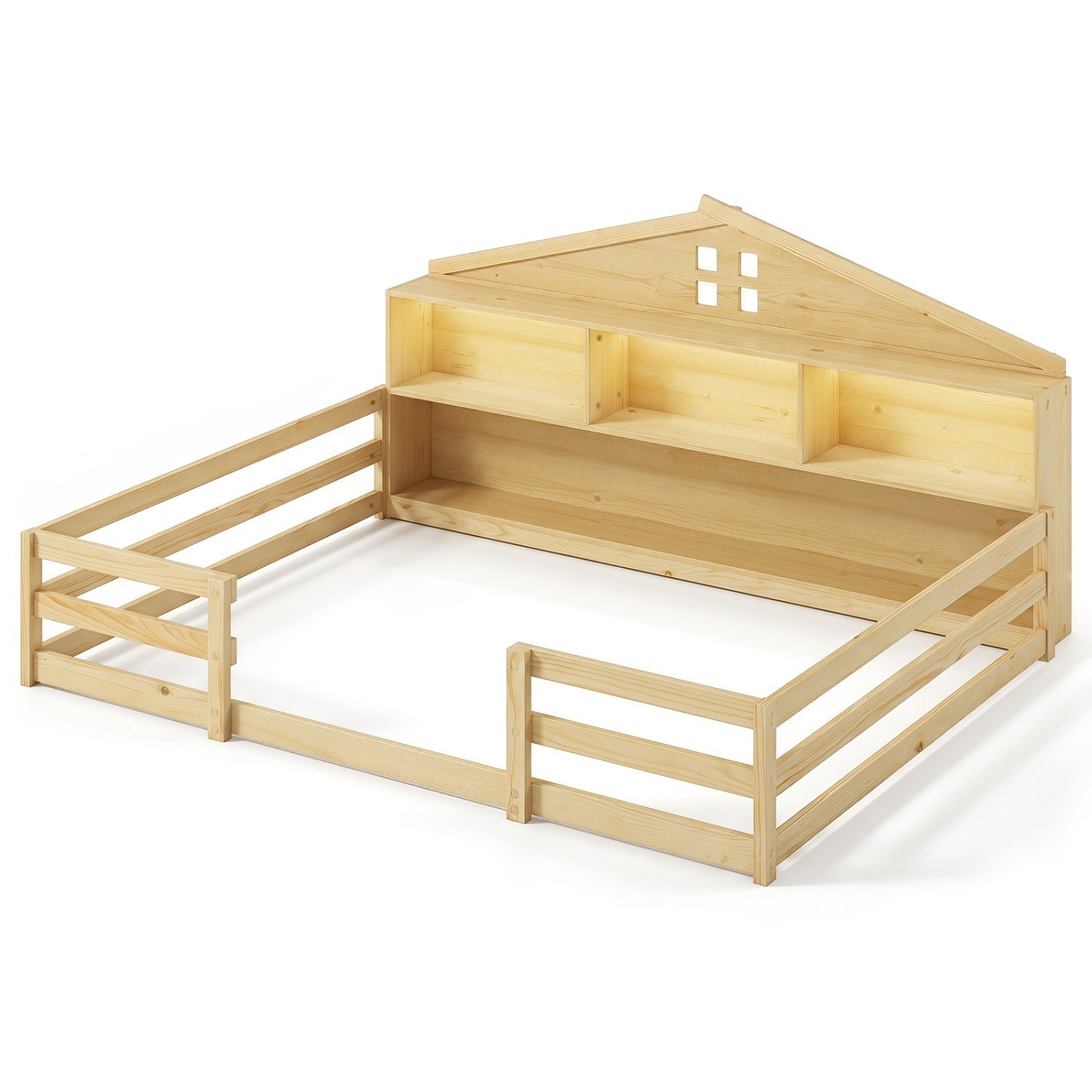 Full Size Montessori Floor Bed with Storage and LED Lights in wood, house-shaped headboard on Tampa Home & Garden Store