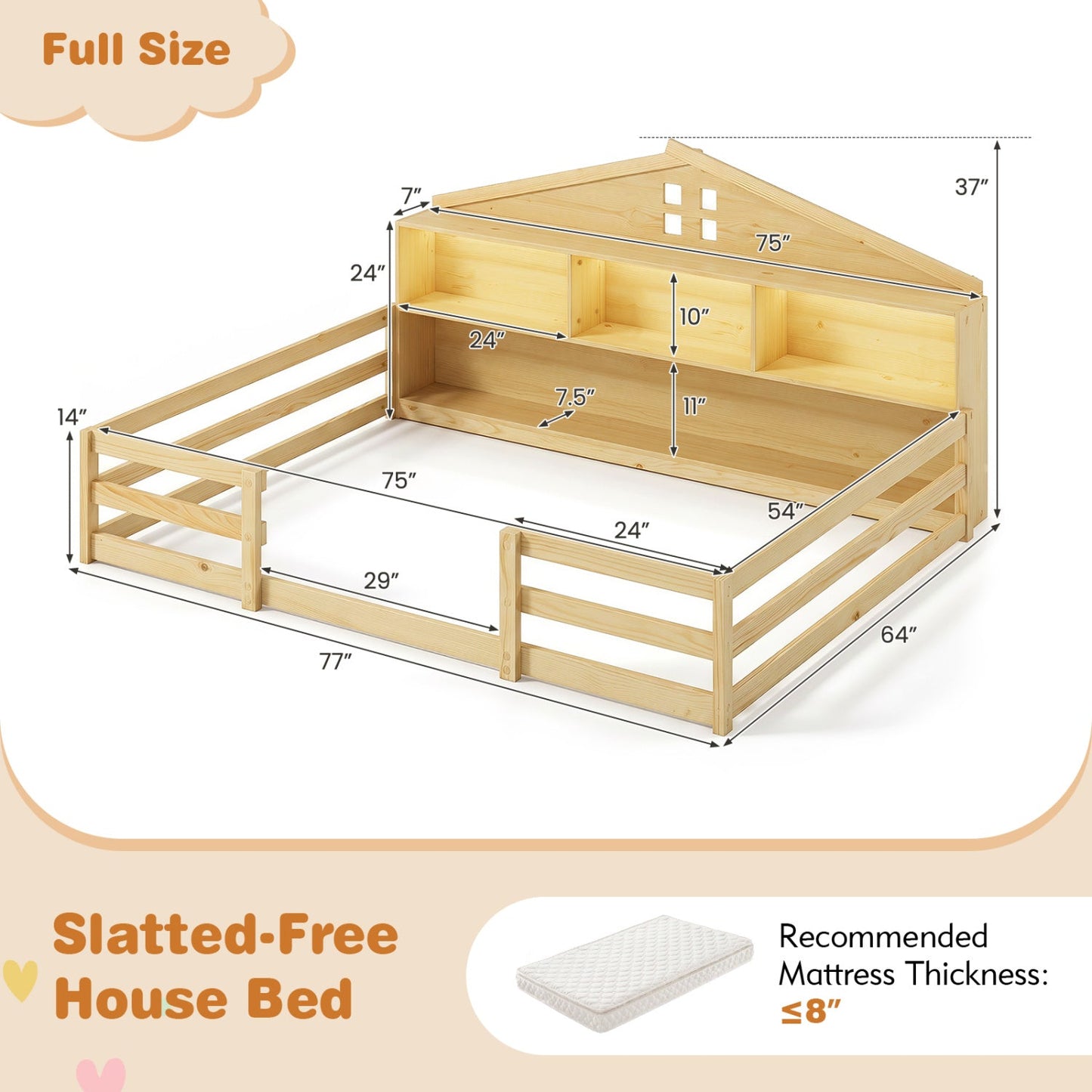 Full Size Montessori Floor Bed by DirectDeals with storage shelves and LED lights in natural pine on Tampa Home & Garden Store