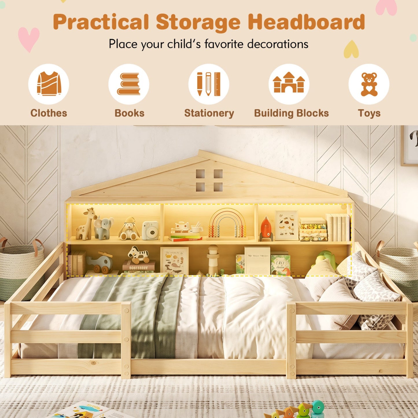 DirectDeals Full Size Montessori Floor Bed with Storage Shelves and LED Lights in natural wood on Tampa Home & Garden Store