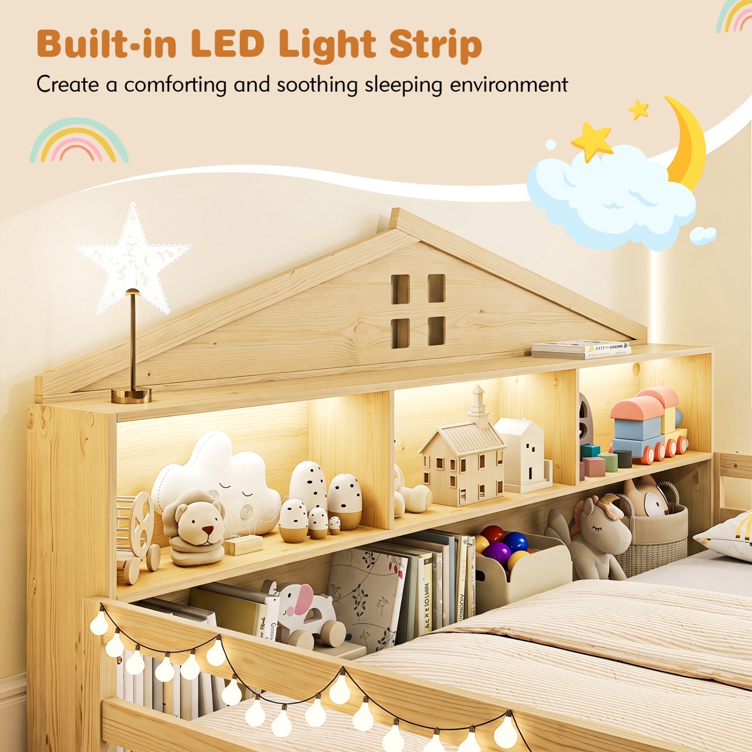 Full Size Montessori Floor Bed Frame with Storage and LED Lights by DirectDeals, natural wood on Tampa Home & Garden Store