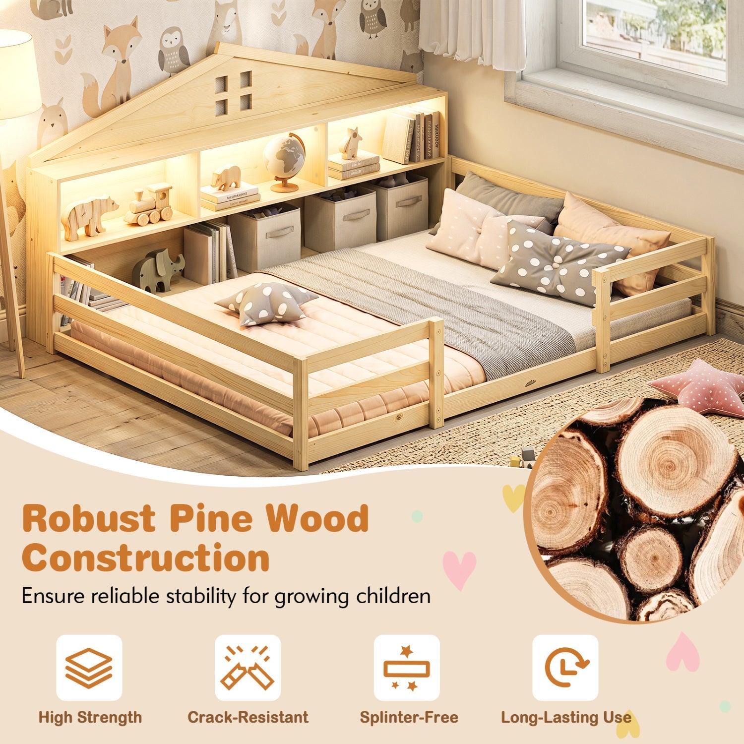 Full Size Montessori Floor Bed with Storage and LED Lights in natural pine wood by DirectDeals on Tampa Home & Garden Store