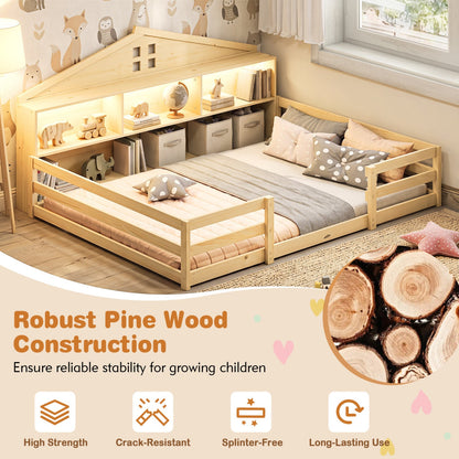 Full Size Montessori Floor Bed with Storage and LED Lights in natural pine wood by DirectDeals on Tampa Home & Garden Store