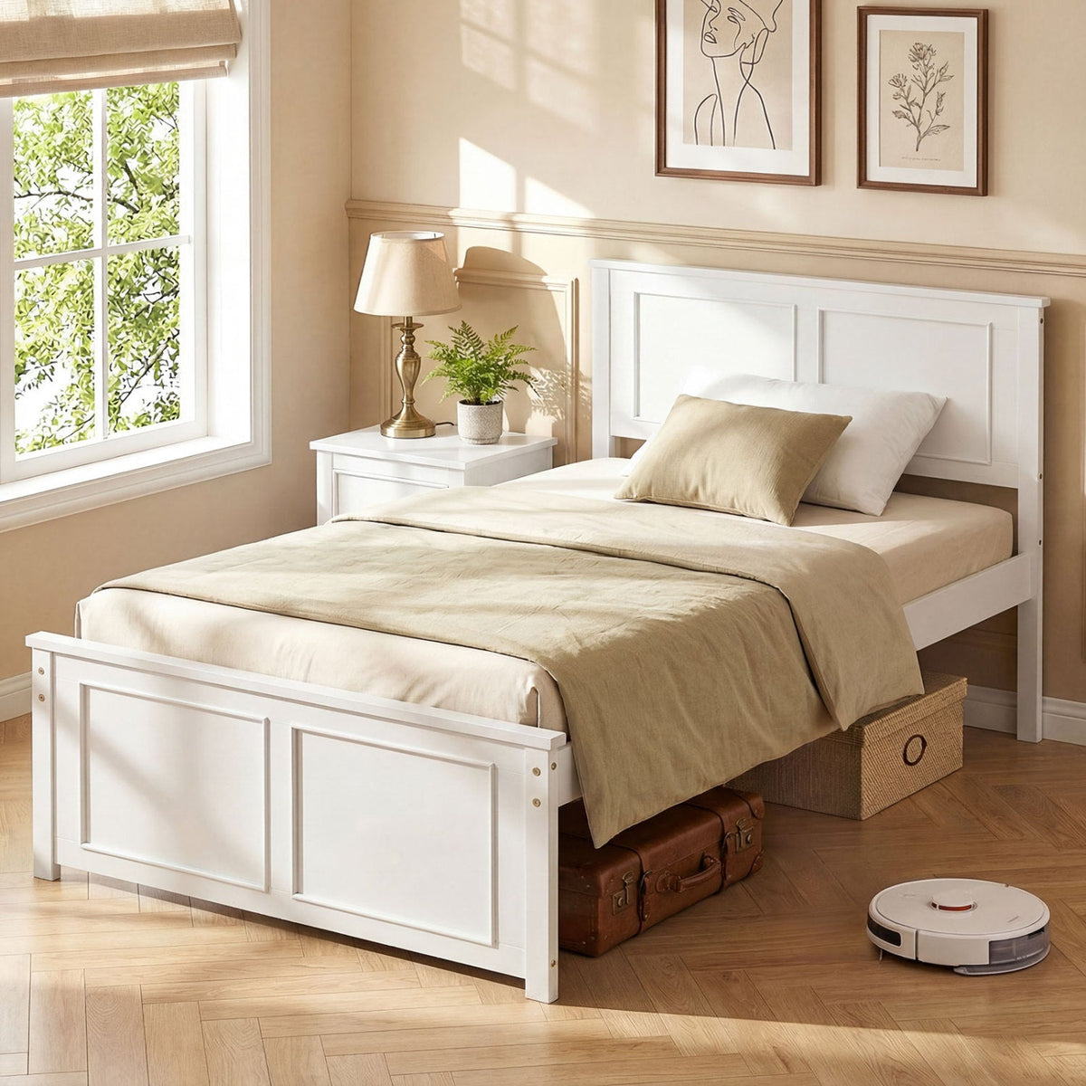 DirectDeals twin size platform bed frame with white panel headboard and beige bedding on Tampa Home & Garden Store