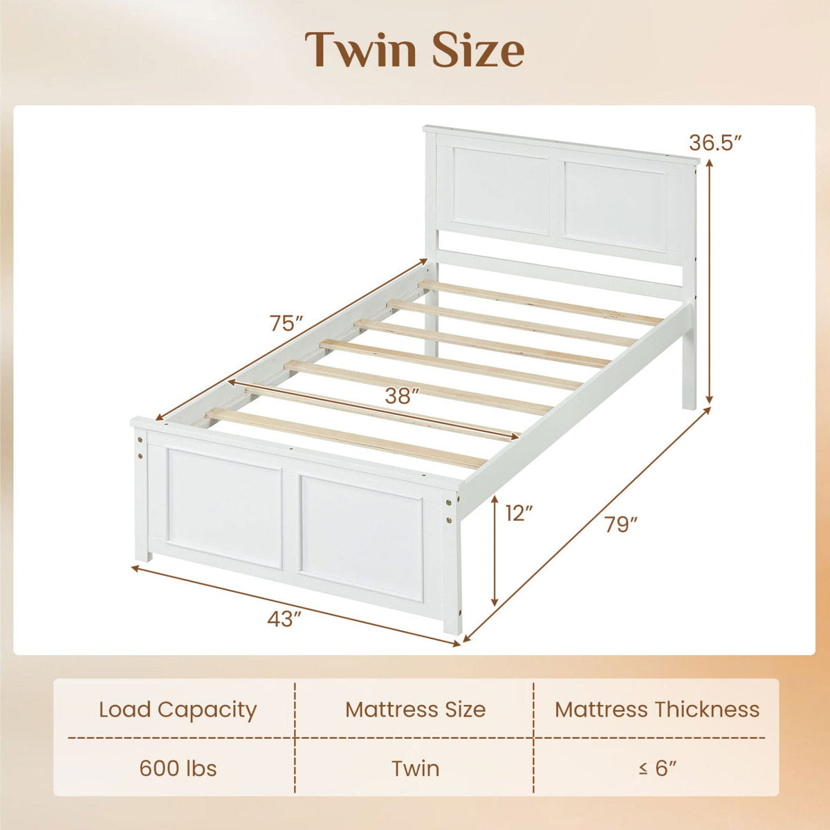 Twin Size Platform Bed Frame with Headboard in white with wood slats by DirectDeals on Tampa Home & Garden Store
