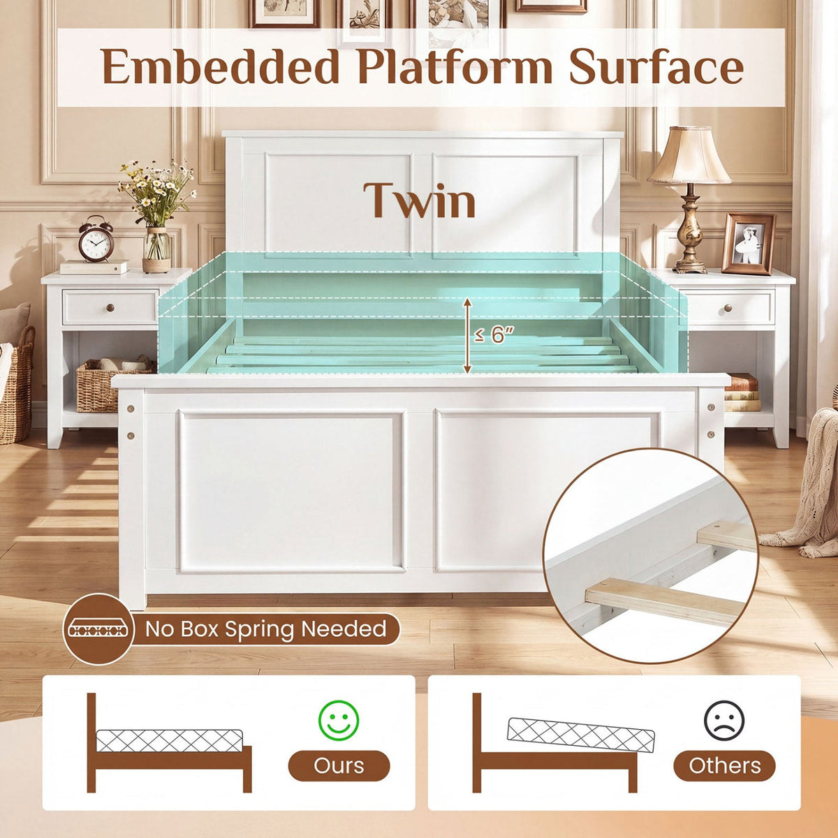Twin size DirectDeals platform bed frame with white headboard and slatted deck for easy setup on Tampa Home & Garden Store