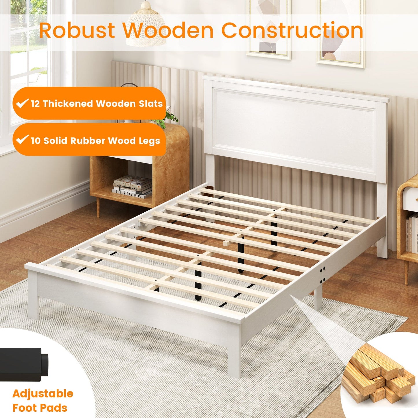 Full Size Platform Slat Bed Frame with High Headboard