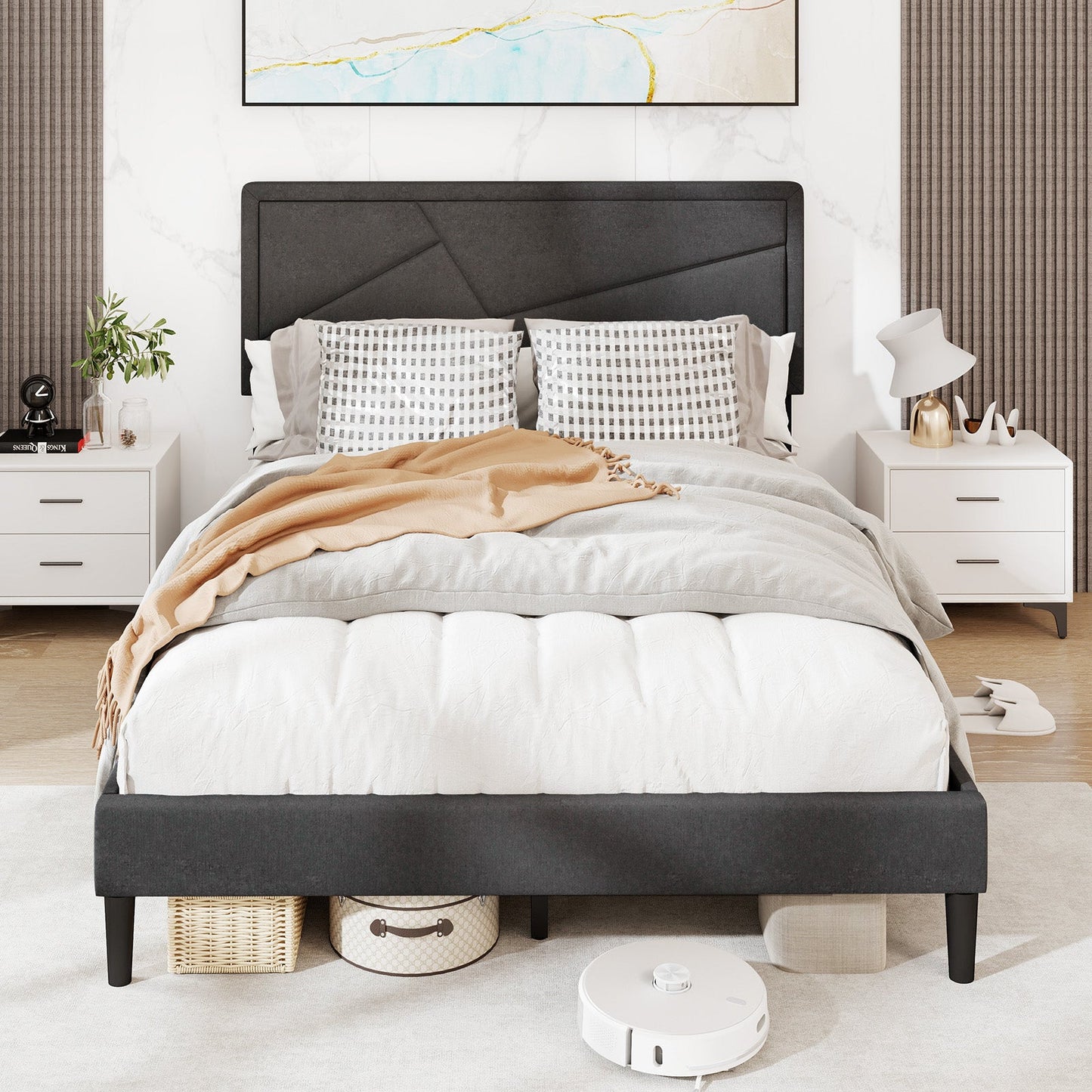 Estructura de cama tapizada con plataforma y cabecera alta tamaño matrimonial/queen-matrimonial