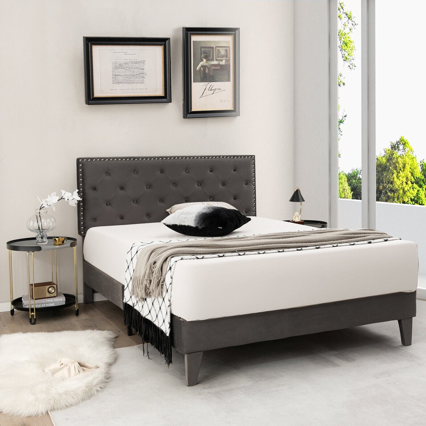 Cama de plataforma tapizada tamaño matrimonial/queen con cabecero capitoné - Tamaño matrimonial
