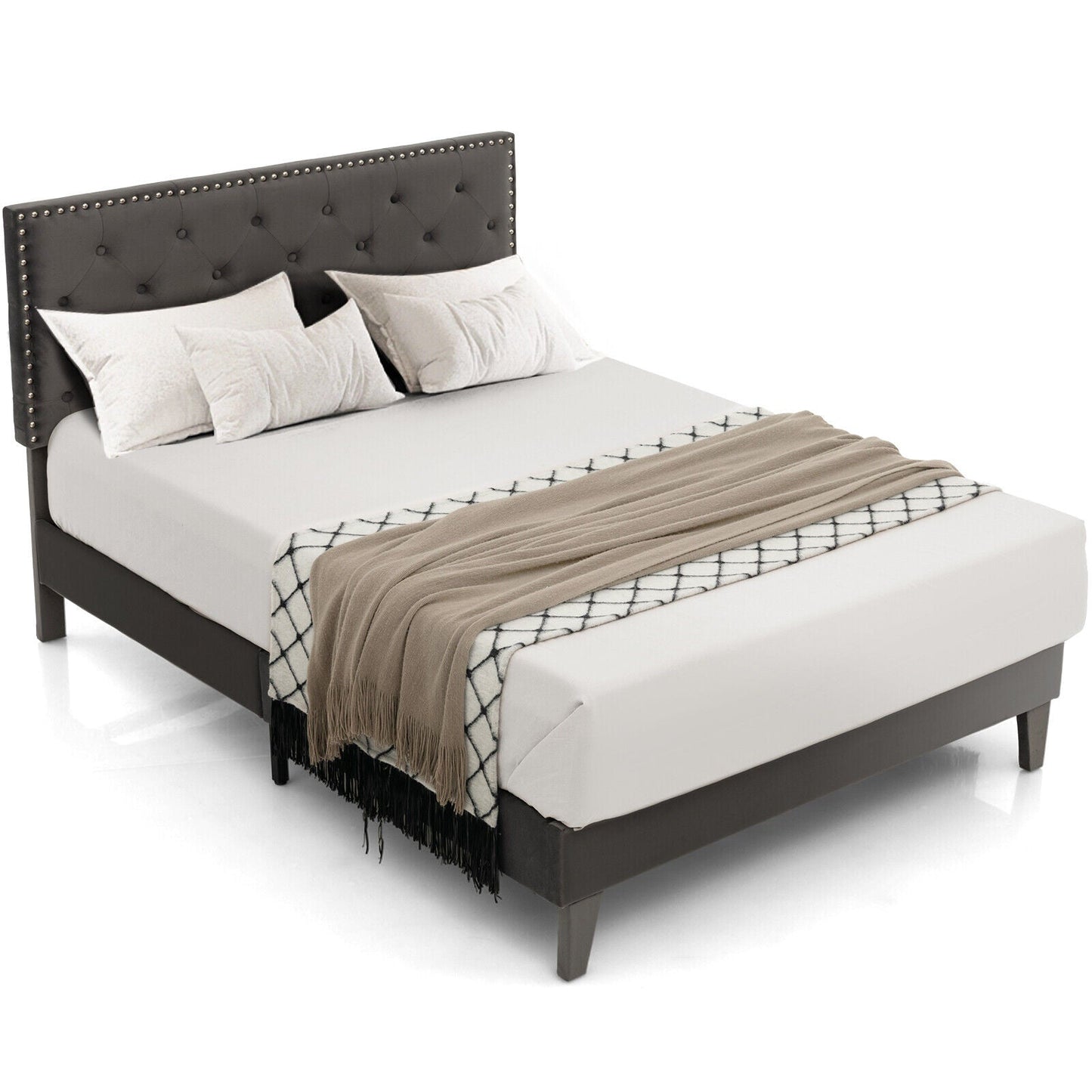 Cama de plataforma tapizada tamaño matrimonial/queen con cabecero capitoné - Tamaño matrimonial