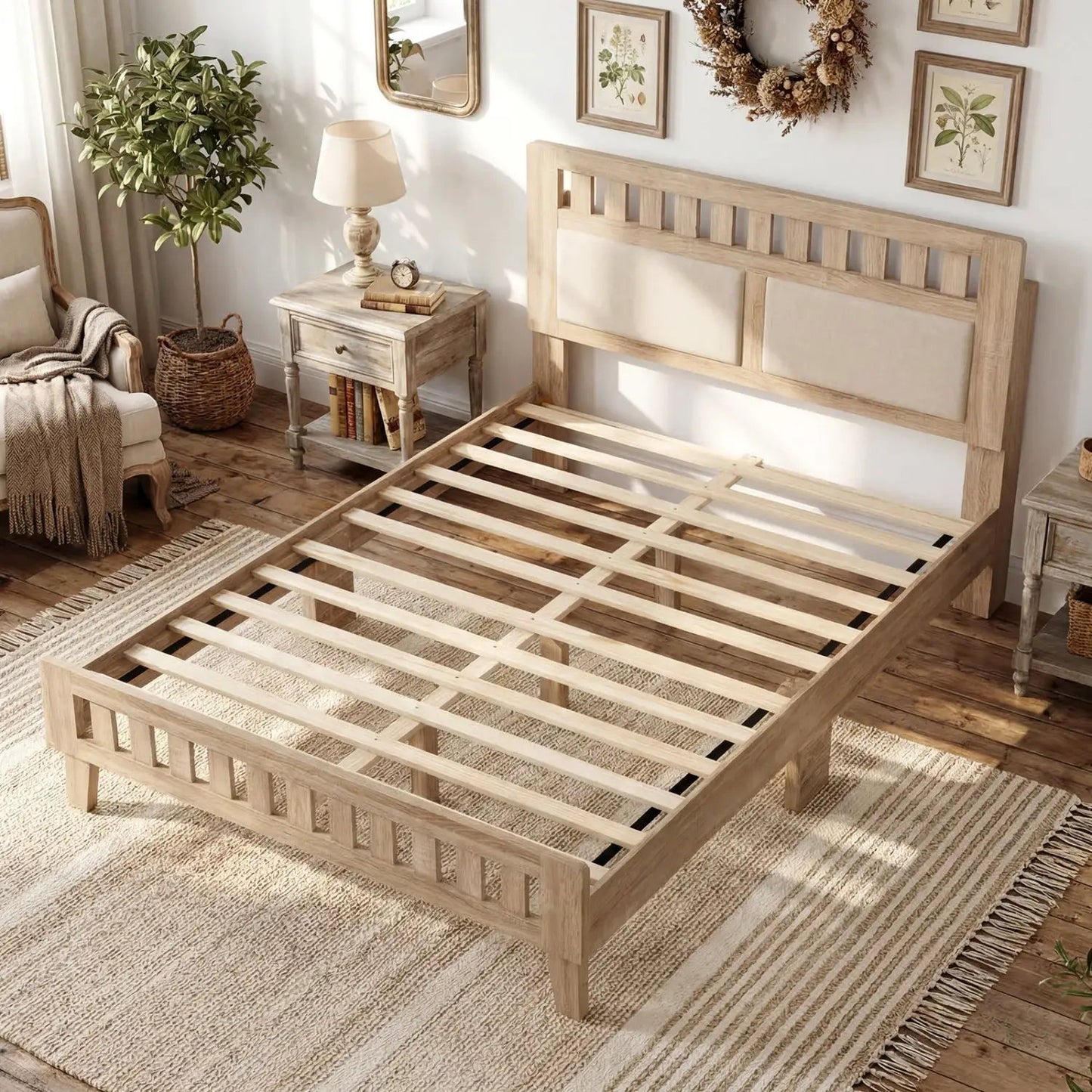 Twin Size Wood Bed Frame Upholstered Headboard