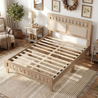 Twin Size Wood Bed Frame Upholstered Headboard