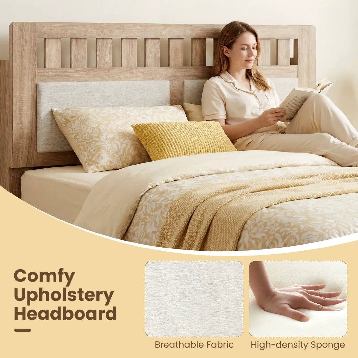Twin Size Wood Bed Frame Upholstered Headboard