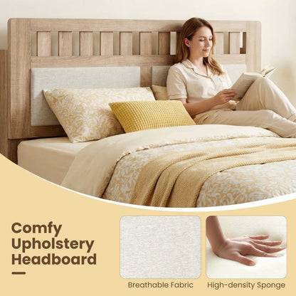 Twin Size Wood Bed Frame Upholstered Headboard