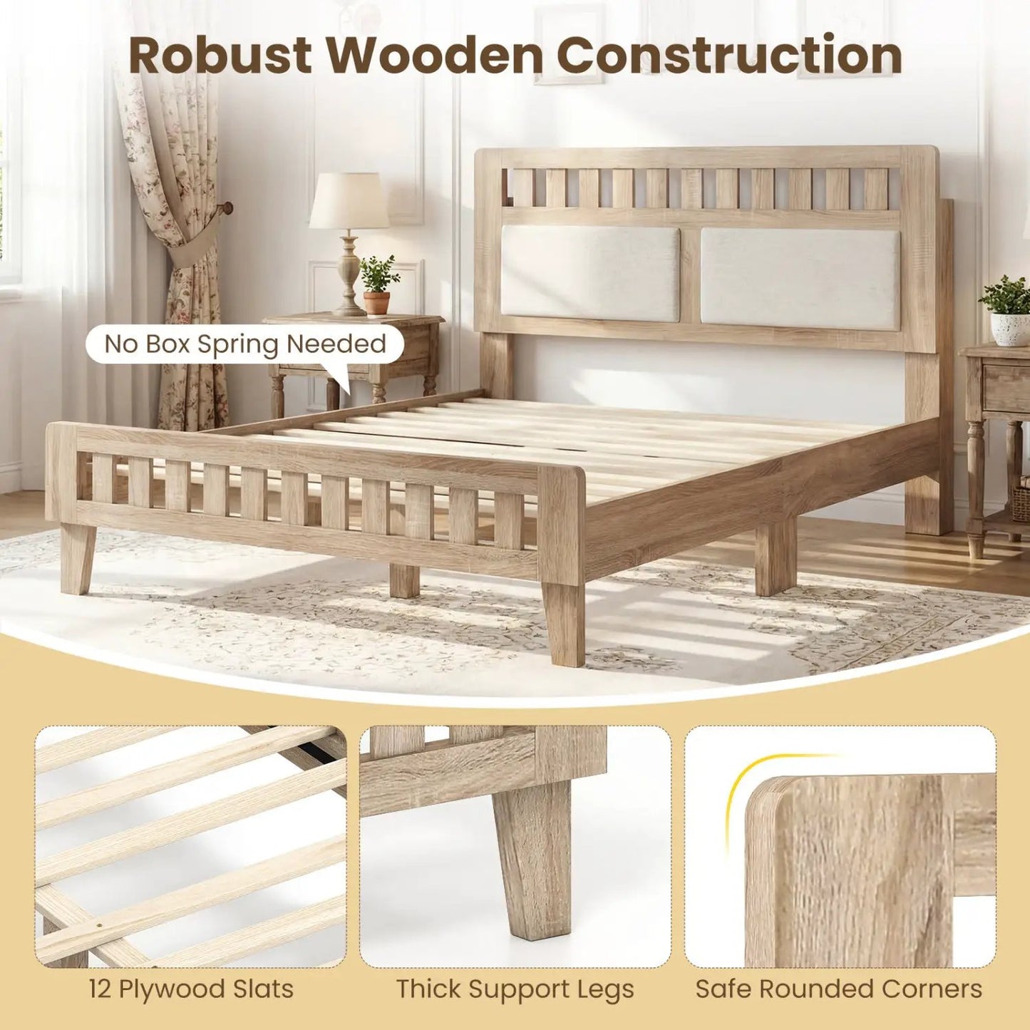 Twin Size Wood Bed Frame Upholstered Headboard