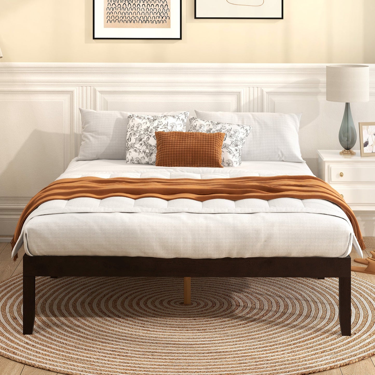 Estructura de cama de madera de tamaño completo con soporte de listones de madera y patas de madera de caucho-Espresso