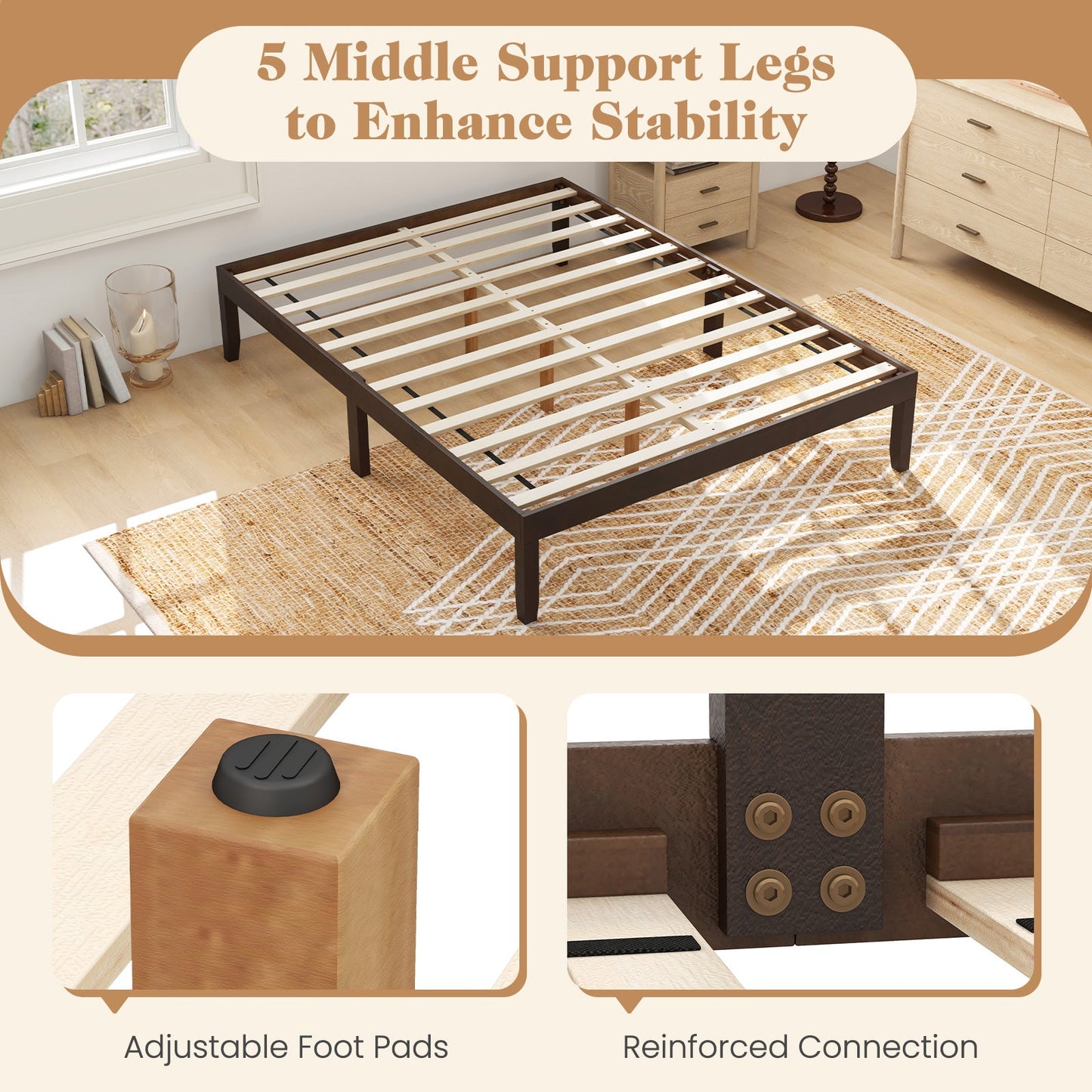 Estructura de cama de madera de tamaño completo con soporte de listones de madera y patas de madera de caucho-Espresso
