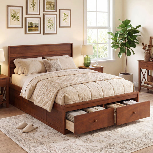 Full Size Wooden Platform Bed Frame with Storage Drawers - Tampa Home & Garden Store