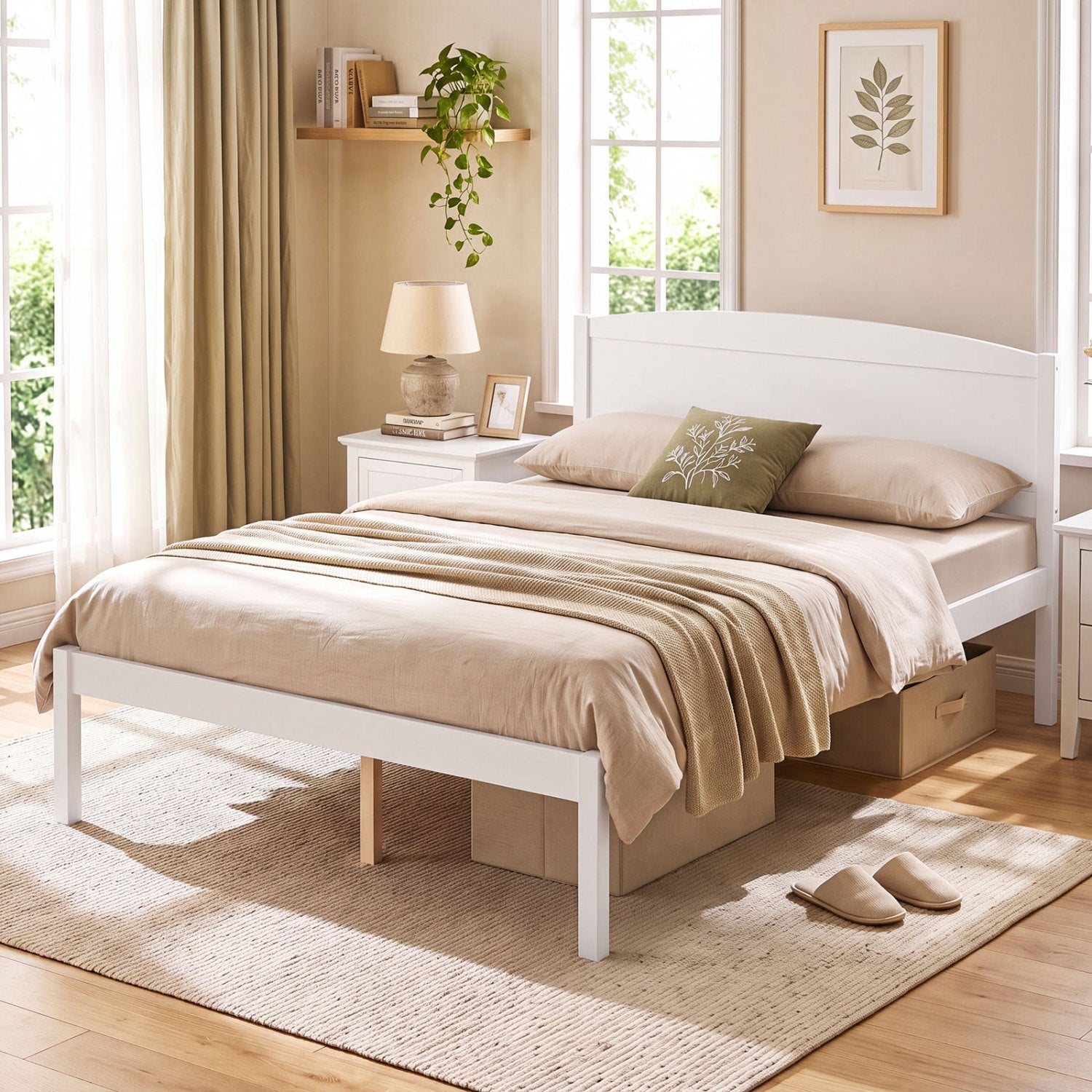 Full size wooden platform bed frame with curved headboard in white, beige bedding DirectDeals on Tampa Home & Garden Store