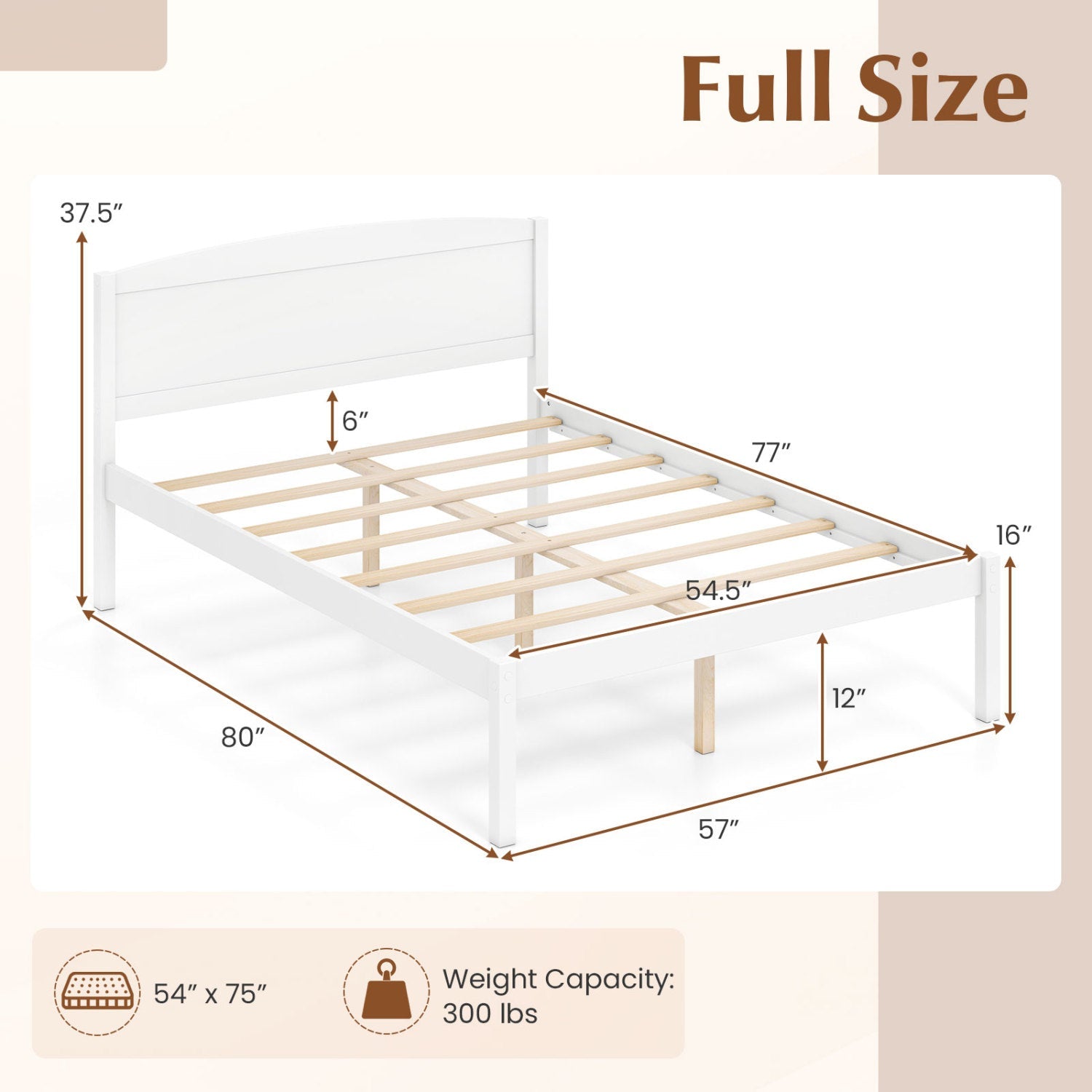 Full-size wooden bed frame with curved headboard, DirectDeals, white finish, slatted platform on Tampa Home & Garden Store