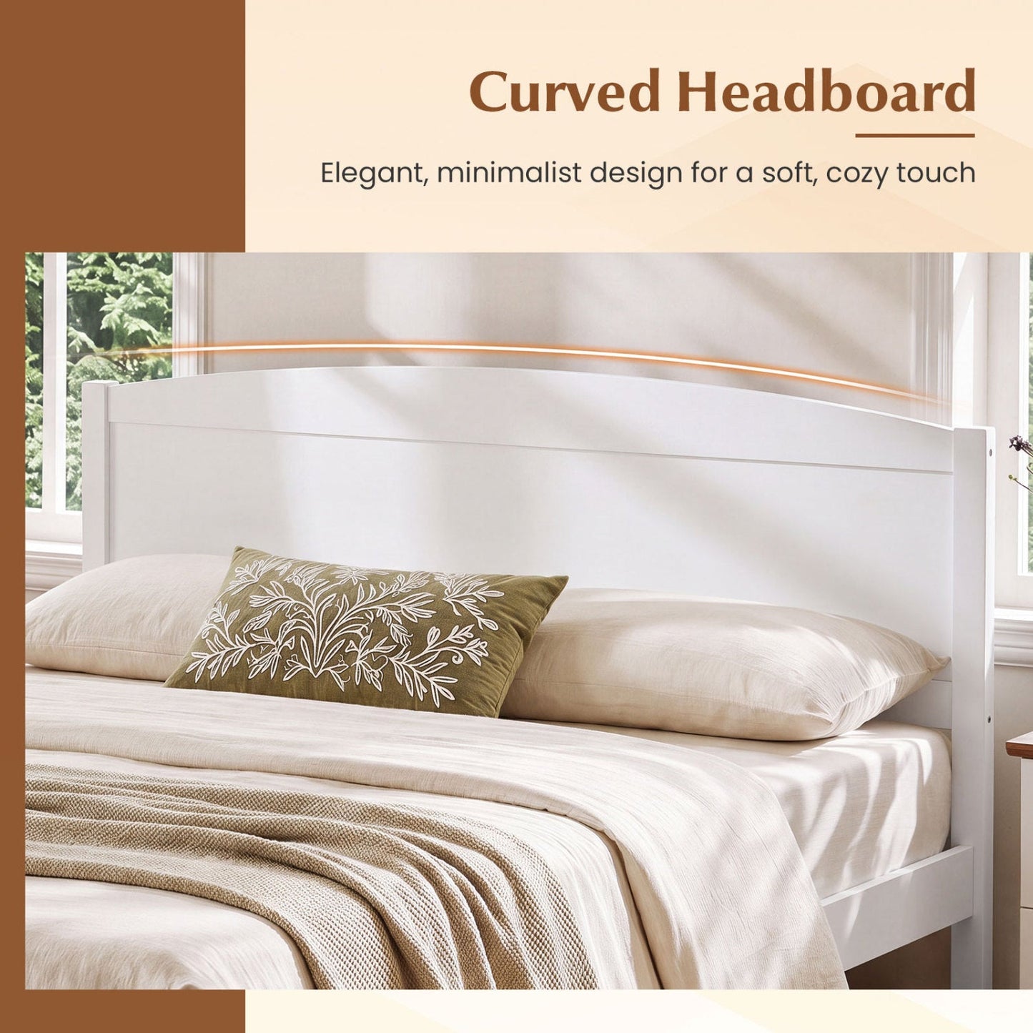Full-size white wooden platform bed frame with curved headboard and beige bedding on Tampa Home & Garden Store