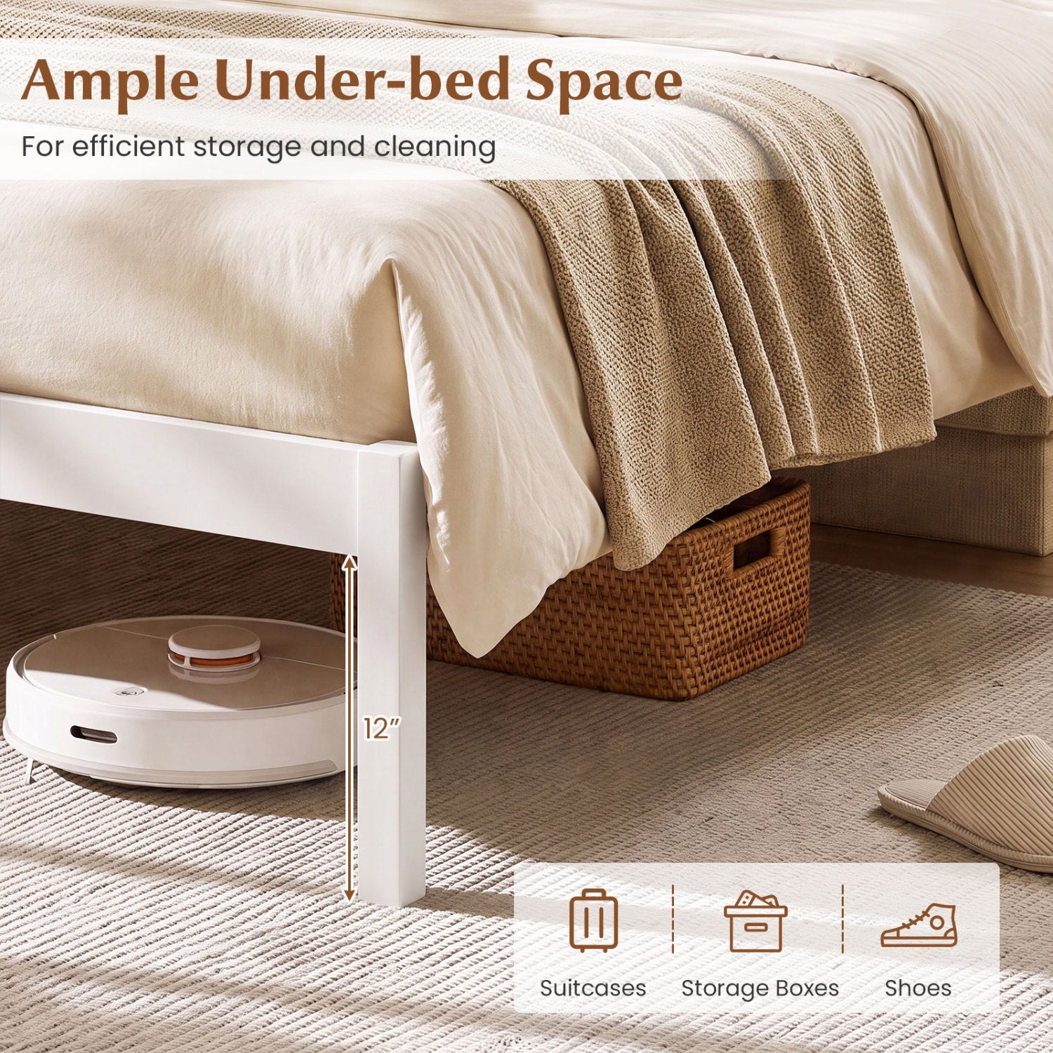 Full-size wooden bed frame with curved headboard in white, under-bed storage on Tampa Home & Garden Store