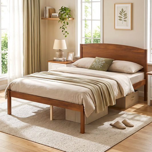 Full-size wooden platform bed frame with curved headboard in warm brown wood DirectDeals on Tampa Home & Garden Store
