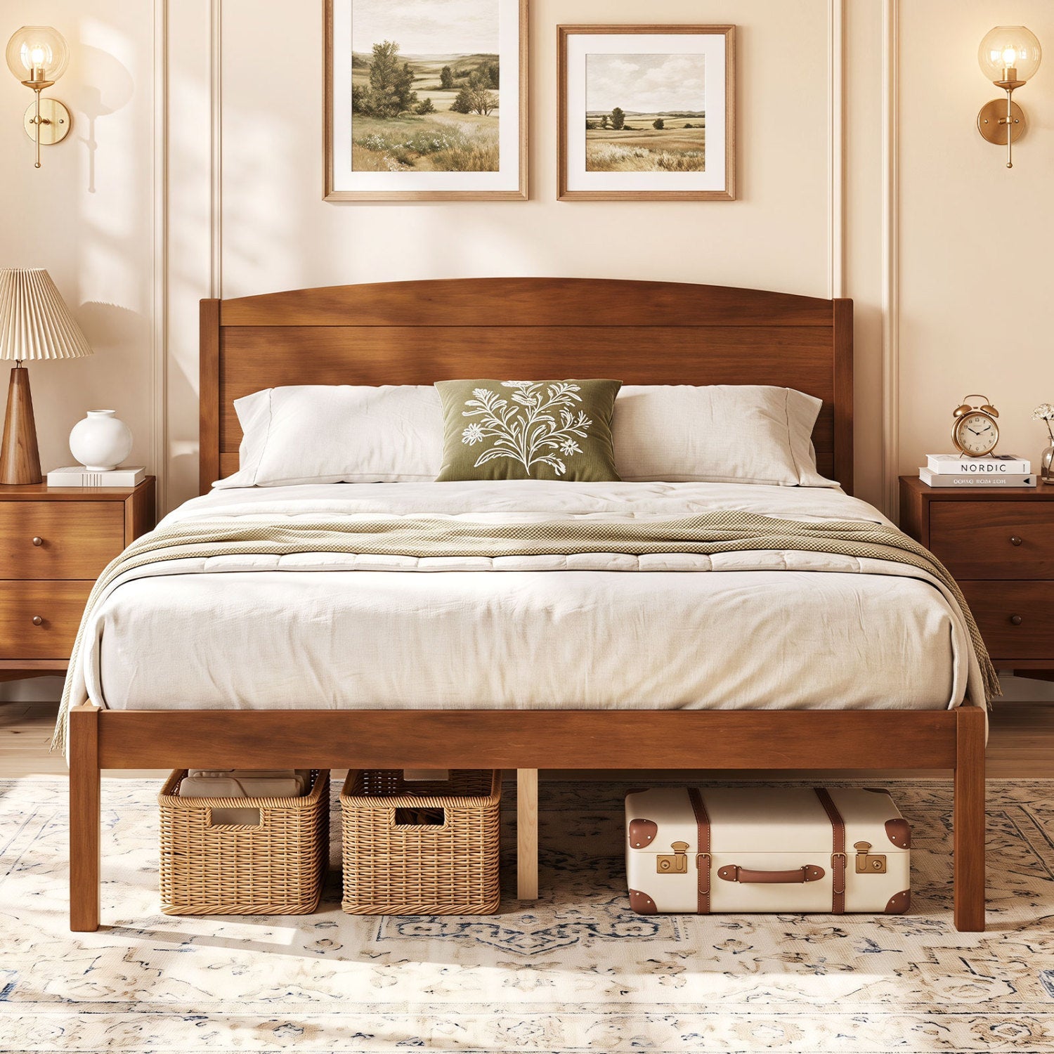 Full-size wooden platform bed frame with curved headboard in walnut finish by DirectDeals on Tampa Home & Garden Store