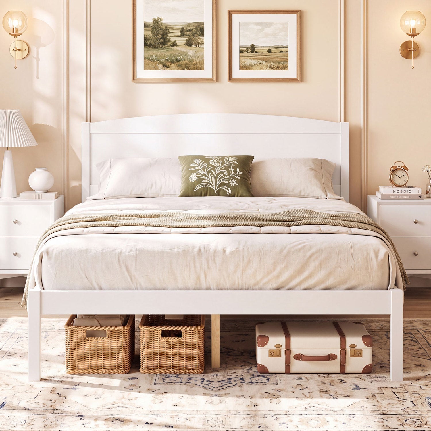 Full size wooden platform bed frame with curved white headboard, DirectDeals; two nightstands on Tampa Home & Garden Store