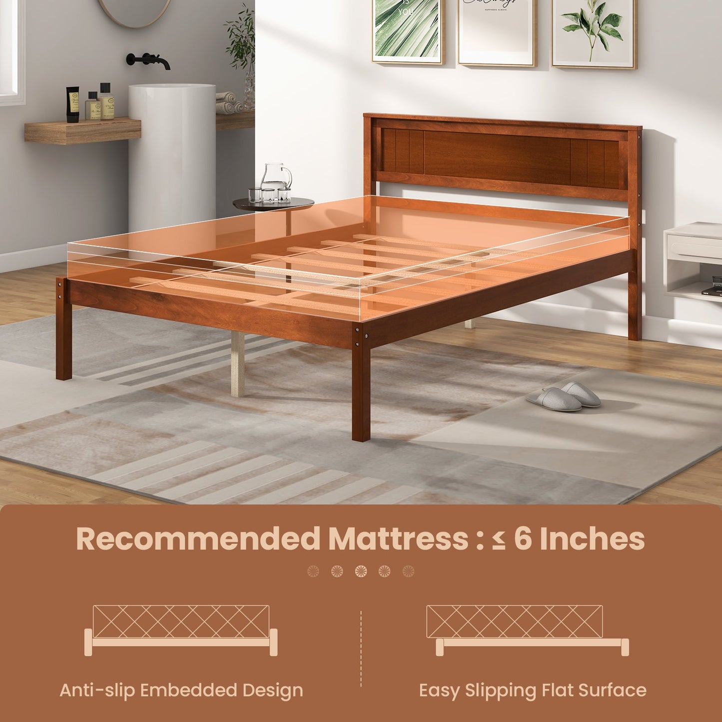 Base de cama Twin/Full/Queen con cabecero de madera y soporte de listones - Tamaño matrimonial