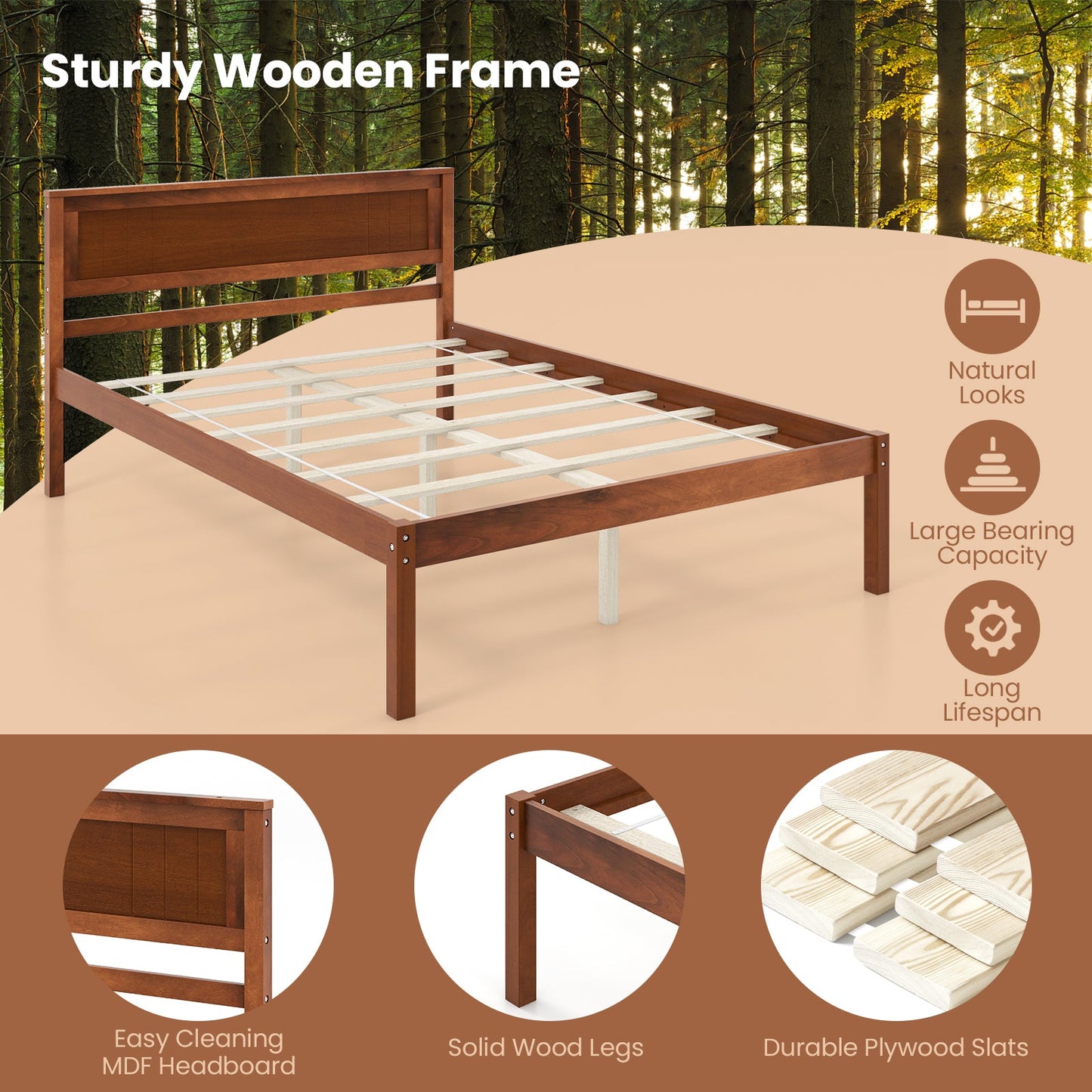 Base de cama Twin/Full/Queen con cabecero de madera y soporte de listones - Tamaño matrimonial