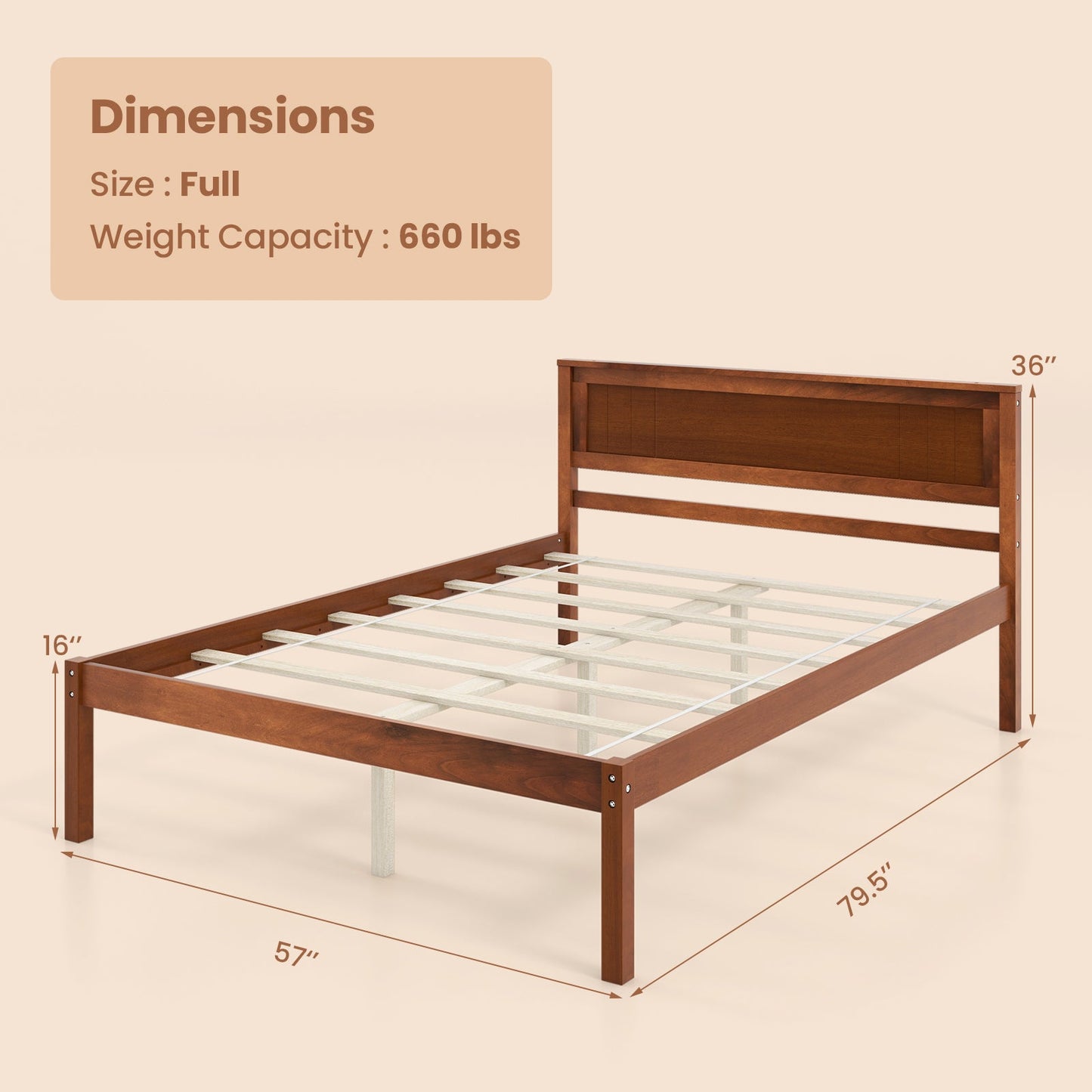 Base de cama Twin/Full/Queen con cabecero de madera y soporte de listones - Tamaño matrimonial