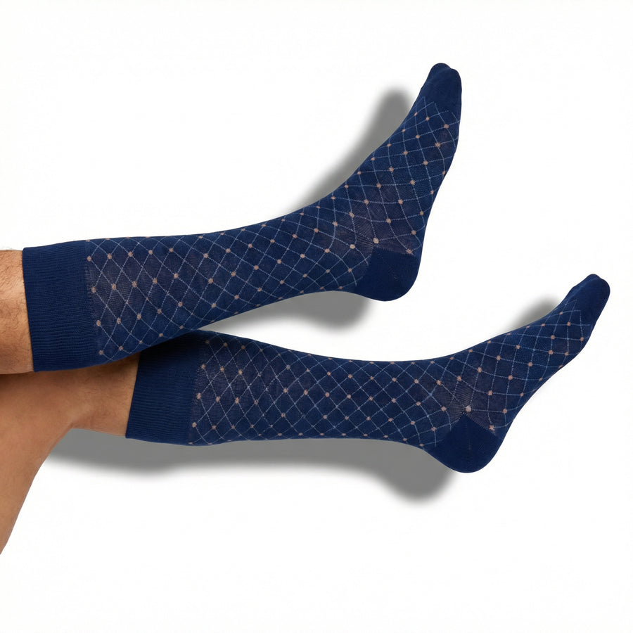 Boardroom dress socks DeadSoxy navy with diamond lattice pattern, two-sock pair on Tampa Home & Garden Store