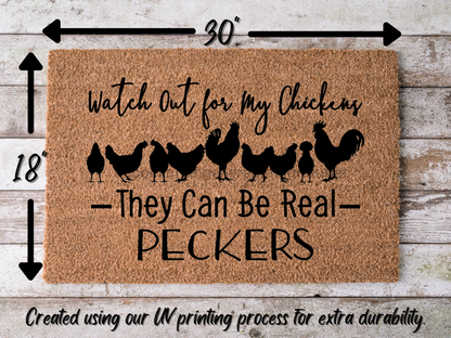 Funny Chickens Doormat "Watch out, they can be real peckers" Chicken Door Mat - Tampa Home & Garden Store