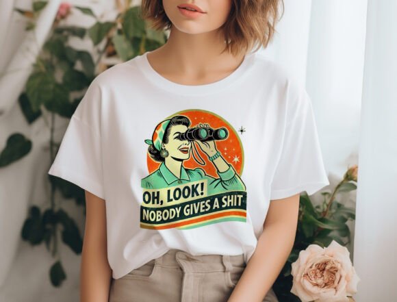 Unisex bamboo-cotton graphic T-shirt white with retro woman binoculars print Spun Bamboo on Tampa Home & Garden Store