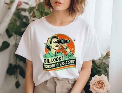 Unisex bamboo-cotton graphic T-shirt white with retro woman binoculars print Spun Bamboo on Tampa Home & Garden Store