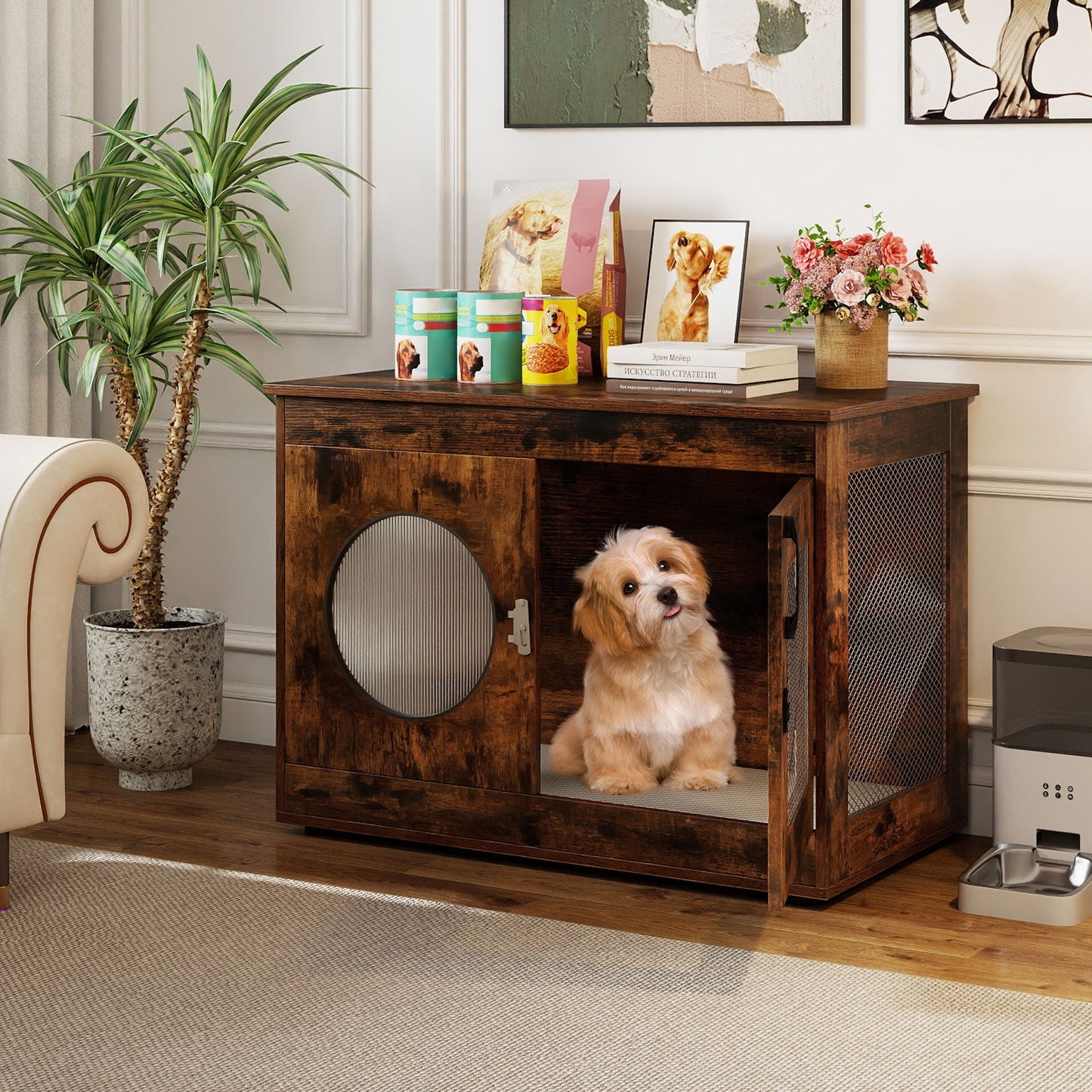 Furniture Style Dog Crate for Small and Medium Dogs with Translucent Window and Lockable Door-Rustic Brown