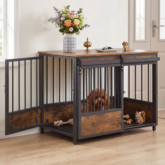 Dog crate furniture by DirectDeals with sliding barn door and mat, wood top on Tampa Home & Garden Store