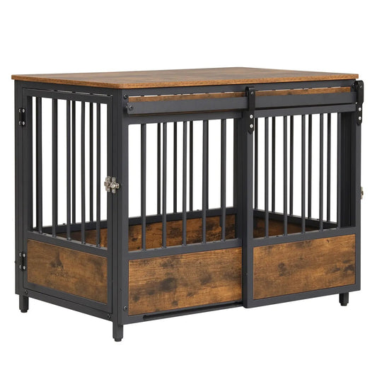 Dog crate furniture with sliding barn door and mat, DirectDeals, black frame with wood panels on Tampa Home & Garden Store