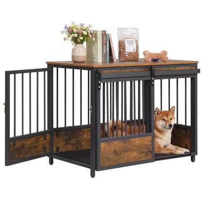 Dog Crate Furniture With Sliding Barn Door Mat