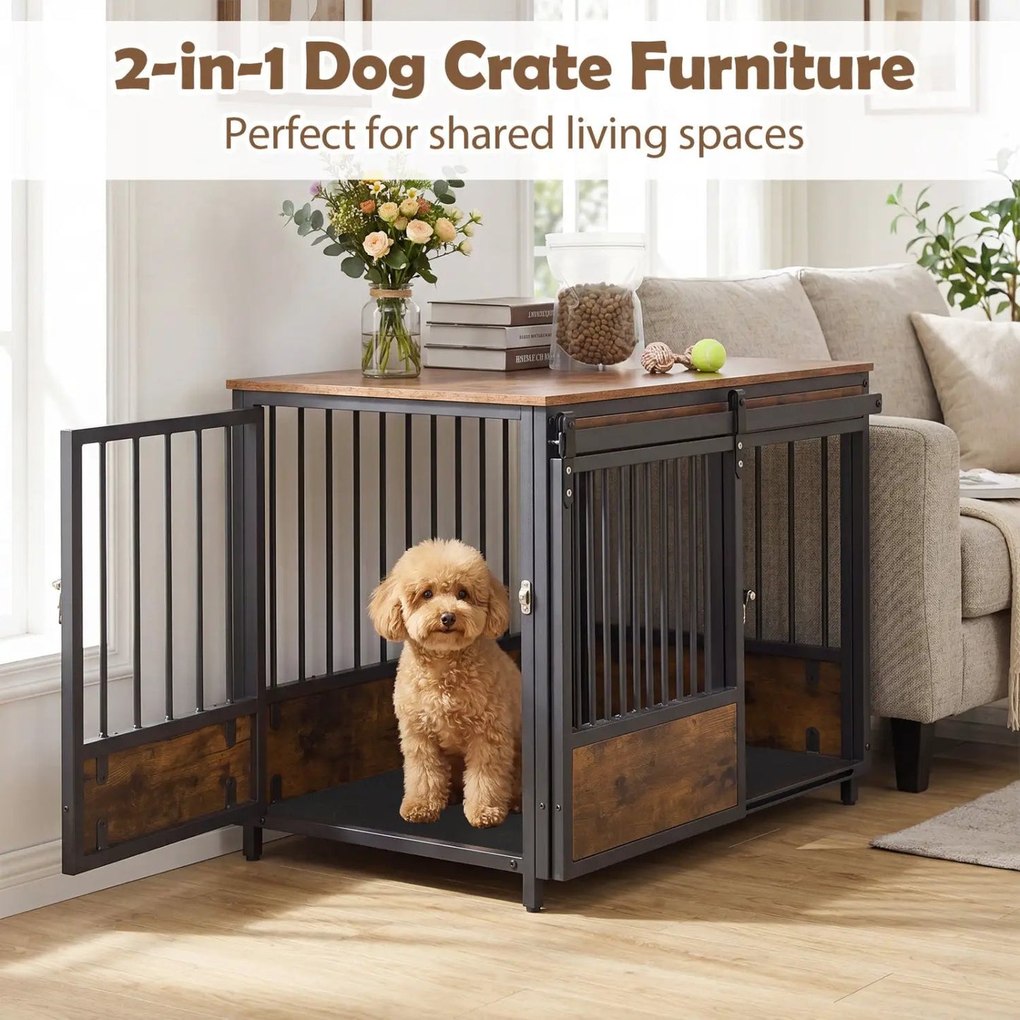 Dog Crate Furniture With Sliding Barn Door Mat