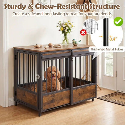Dog Crate Furniture With Sliding Barn Door Mat