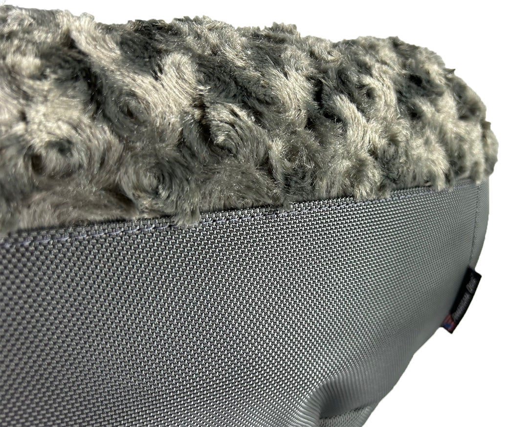 Dog bed Round Bolstered Furvana gray faux fur top, textured gray base with American Dog tag on Tampa Home & Garden Store