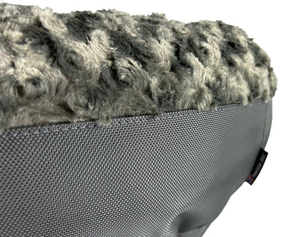 Dog bed Round Bolstered Furvana gray faux fur top, textured gray base with American Dog tag on Tampa Home & Garden Store