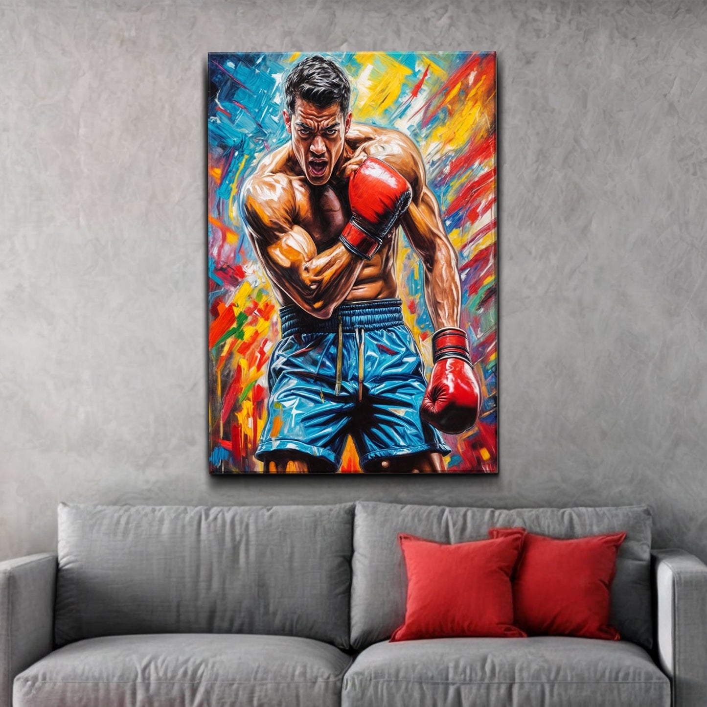 Fury - Sport Wall Art canvas Tailored Canvases; boxer in blue shorts with red gloves amid color on Tampa Home & Garden Store