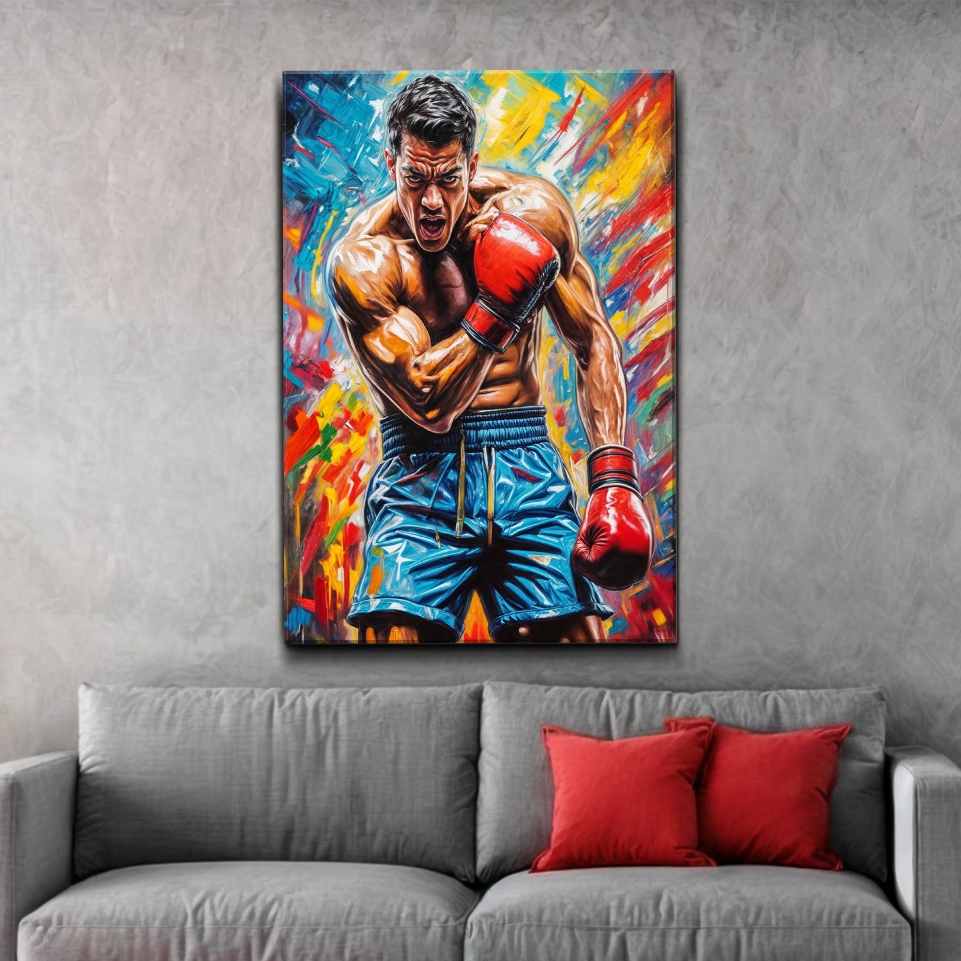 Fury - Sport Wall Art canvas Tailored Canvases; boxer in blue shorts with red gloves amid color on Tampa Home & Garden Store