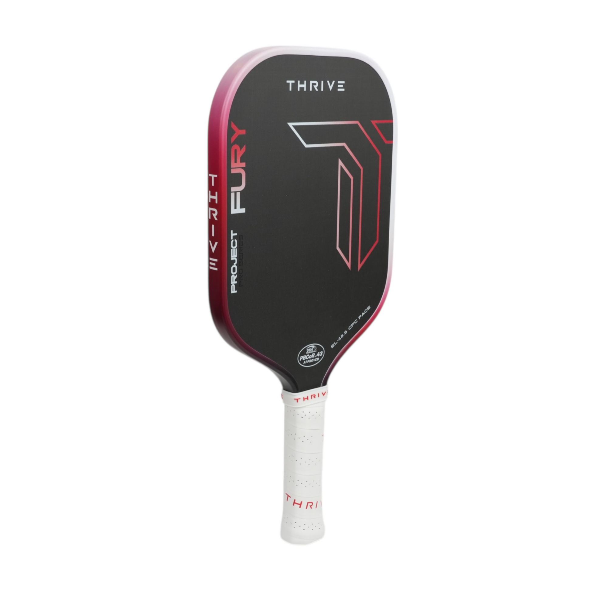Thrive FURY Elongated 15.5 mm Gen 3.5 pickleball paddle with black face pink edge and white grip on Tampa Home & Garden Store