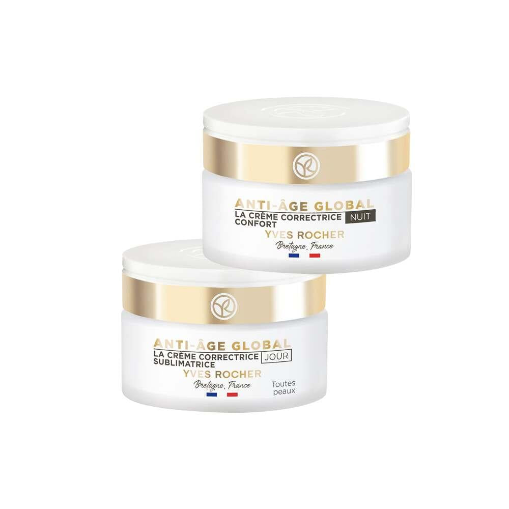 Anti-Age Global face cream duo in white jars with gold lids Yves Rocher label on both jars on Tampa Home & Garden Store