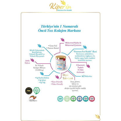 Kiperin Collagen Peptides 500g jar with infographic and Beauty Care Bag brand, 50-day supply on Tampa Home & Garden Store